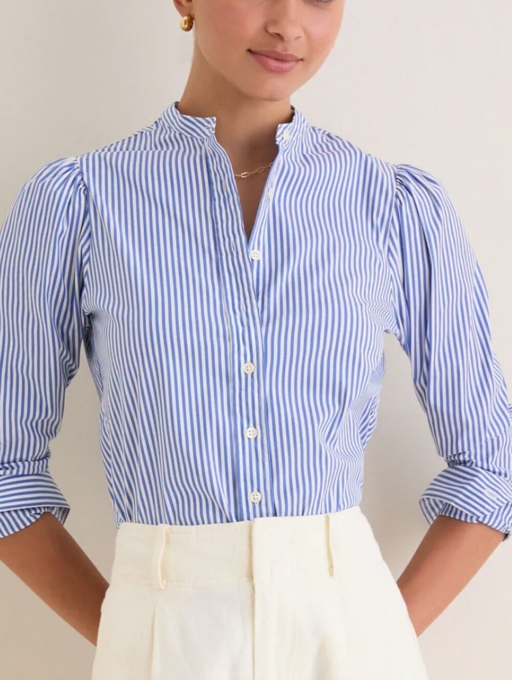 The Shirt by Rochelle Behrens Blue and White Stripe Puffed Shoulder Shirt Small